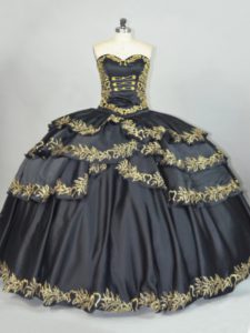 Smart Sweetheart Sleeveless Quince Ball Gowns Floor Length Embroidery Black Satin