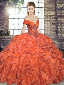 Edgy Orange Red Sleeveless Organza Lace Up Quinceanera Gowns for Military Ball and Sweet 16 and Quinceanera