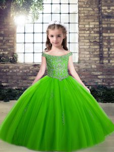 Off The Shoulder Sleeveless Tulle Custom Made Pageant Dress Beading Lace Up