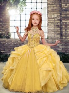 Dramatic Gold Sleeveless Organza Lace Up Little Girls Pageant Dress for Party and Wedding Party