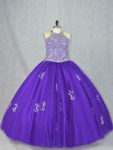 Purple Sleeveless Beading and Appliques Floor Length Sweet 16 Dress