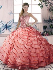 Free and Easy Watermelon Red Lace Up Sweetheart Beading and Ruffled Layers Ball Gown Prom Dress Organza Sleeveless Brush Train
