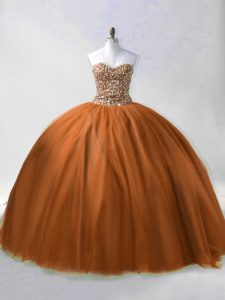 Brown Tulle Lace Up Sweetheart Sleeveless Floor Length Quinceanera Gown Beading