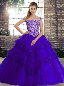 Graceful Purple Quince Ball Gowns Military Ball and Sweet 16 and Quinceanera with Beading and Lace Off The Shoulder Sleeveless Brush Train Lace Up