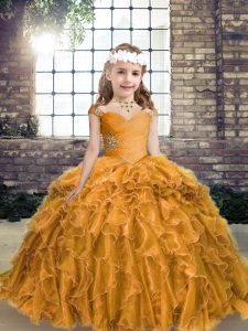 Floor Length Ball Gowns Sleeveless Gold Pageant Dress for Girls Lace Up