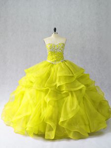 Yellow Green Sweetheart Neckline Beading and Ruffles Quinceanera Dresses Sleeveless Lace Up