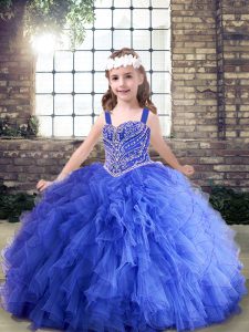 Sweet Tulle Straps Sleeveless Lace Up Beading and Ruffles Pageant Dresses in Blue