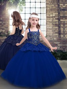 Blue Tulle Lace Up Little Girls Pageant Gowns Sleeveless Floor Length Beading