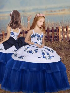 Low Price Blue Straps Neckline Embroidery Little Girl Pageant Gowns Sleeveless Lace Up