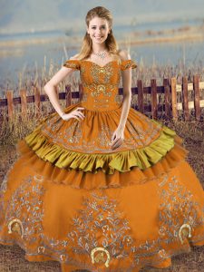 Inexpensive Sleeveless Satin Floor Length Lace Up Sweet 16 Dress in Brown with Embroidery