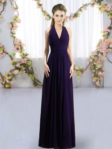 Customized Dark Purple Chiffon Zipper Court Dresses for Sweet 16 Sleeveless Floor Length Ruching