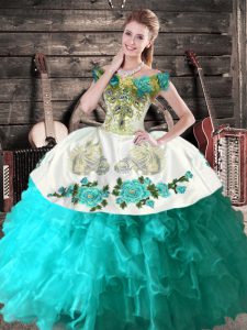 Fashionable Aqua Blue Off The Shoulder Lace Up Embroidery Quince Ball Gowns Sleeveless