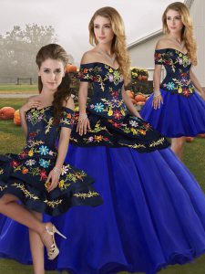 Enchanting Royal Blue Tulle Lace Up Off The Shoulder Sleeveless Floor Length Sweet 16 Quinceanera Dress Embroidery