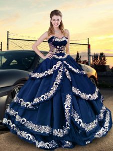 Navy Blue Satin Lace Up Quince Ball Gowns Half Sleeves Asymmetrical Embroidery