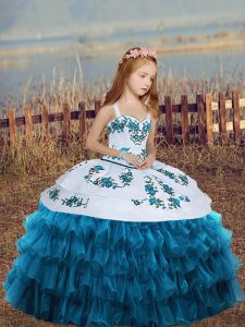 Most Popular Blue Ball Gowns Straps Sleeveless Floor Length Lace Up Embroidery and Ruffled Layers Little Girls Pageant Dress