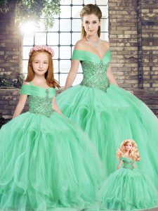 Beautiful Apple Green Sleeveless Floor Length Beading and Ruffles Lace Up Quinceanera Dress