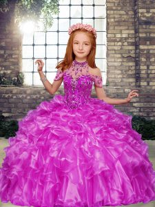 Lilac High-neck Neckline Beading and Ruffles Kids Pageant Dress Sleeveless Lace Up