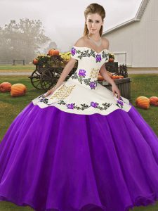 Ball Gowns Quinceanera Dresses White And Purple Off The Shoulder Organza Sleeveless Floor Length Lace Up