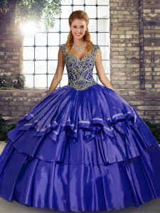 Suitable Purple Straps Neckline Beading and Ruffled Layers Vestidos de Quinceanera Sleeveless Lace Up