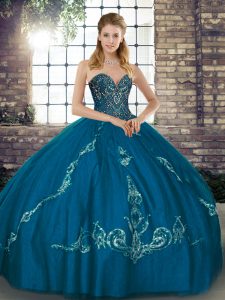 Blue Sweetheart Neckline Beading and Embroidery 15th Birthday Dress Sleeveless Lace Up