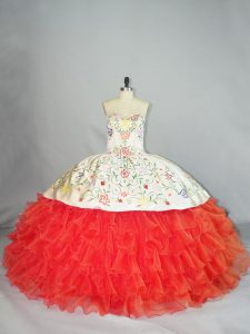 Coral Red Sweetheart Neckline Embroidery and Ruffles Sweet 16 Dress Sleeveless Lace Up