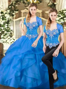 Most Popular Sweetheart Sleeveless 15 Quinceanera Dress Floor Length Beading and Ruffles Blue Tulle