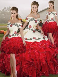 Designer White And Red Organza Lace Up Off The Shoulder Sleeveless Floor Length Quinceanera Dresses Embroidery and Ruffles