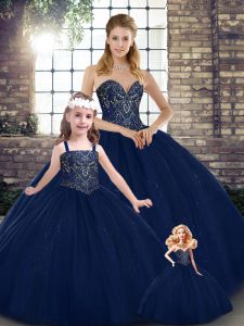 Beading 15 Quinceanera Dress Navy Blue Lace Up Sleeveless Floor Length