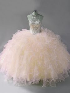 Ideal Pink Ball Gowns Halter Top Sleeveless Tulle Floor Length Lace Up Beading and Ruffles Quinceanera Gowns