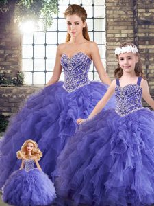 Floor Length Lace Up Sweet 16 Quinceanera Dress Lavender for Military Ball and Sweet 16 and Quinceanera with Beading and Ruffles