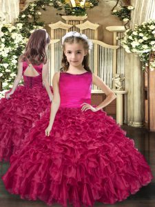 Sleeveless Organza Floor Length Lace Up Pageant Dresses in Fuchsia with Ruffles