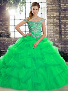 Sexy Green Sleeveless Tulle Brush Train Lace Up 15 Quinceanera Dress for Military Ball and Sweet 16 and Quinceanera