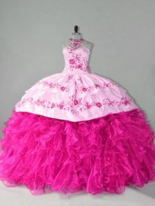 Hot Pink Sleeveless Embroidery and Ruffles Lace Up Quince Ball Gowns