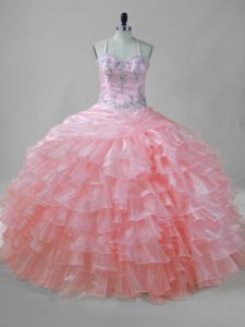 Artistic Beading and Ruffled Layers Quinceanera Dresses Pink Lace Up Sleeveless Floor Length