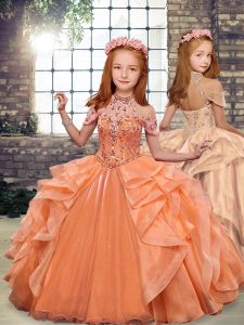Sleeveless Floor Length Beading and Ruffles Lace Up Little Girls Pageant Dress Wholesale with Orange