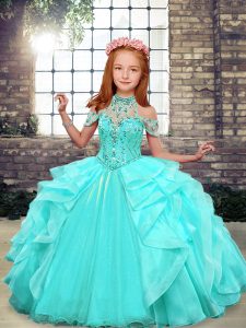 Custom Fit High-neck Sleeveless Little Girl Pageant Gowns Floor Length Beading and Ruffles Aqua Blue Organza