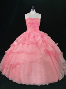 New Style Watermelon Red Sleeveless Floor Length Beading and Ruffles Lace Up Quinceanera Dress