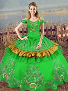 Nice Green Off The Shoulder Lace Up Embroidery Quinceanera Gowns Sleeveless