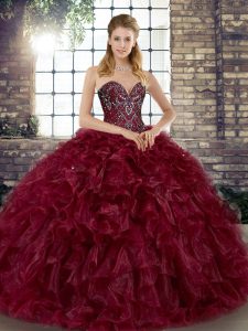 High End Burgundy Lace Up Vestidos de Quinceanera Beading and Ruffles Sleeveless Floor Length