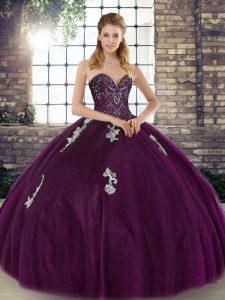 Beading and Appliques Vestidos de Quinceanera Dark Purple Lace Up Sleeveless Floor Length