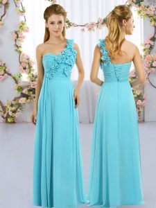 Aqua Blue Chiffon Lace Up Quinceanera Court of Honor Dress Sleeveless Floor Length Hand Made Flower