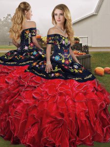 Sexy Sleeveless Floor Length Embroidery and Ruffles Lace Up Sweet 16 Quinceanera Dress with Red And Black