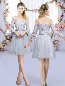 Grey Quinceanera Court of Honor Dress Wedding Party with Lace and Belt Off The Shoulder 3 4 Length Sleeve Lace Up