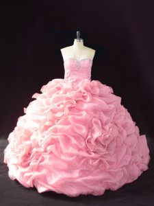 Pink Lace Up Sweet 16 Quinceanera Dress Beading and Pick Ups and Hand Made Flower Sleeveless Court Train
