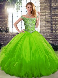 Ball Gowns Tulle Off The Shoulder Sleeveless Beading and Ruffles Floor Length Lace Up Quinceanera Gown