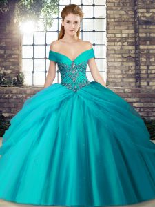 Off The Shoulder Sleeveless Sweet 16 Dresses Brush Train Beading and Pick Ups Teal Tulle