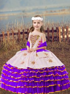 Lavender Organza Lace Up Straps Sleeveless Floor Length Child Pageant Dress Beading and Embroidery and Ruffled Layers