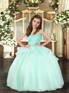 Luxurious Floor Length Ball Gowns Sleeveless Aqua Blue Little Girls Pageant Dress Lace Up