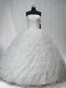 White Organza Lace Up Quinceanera Gown Sleeveless Brush Train Beading and Ruching