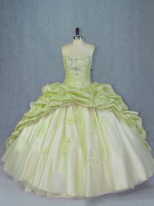 Yellow Green Ball Gowns Organza and Tulle Sweetheart Sleeveless Beading and Appliques Lace Up Quinceanera Dress Brush Train
